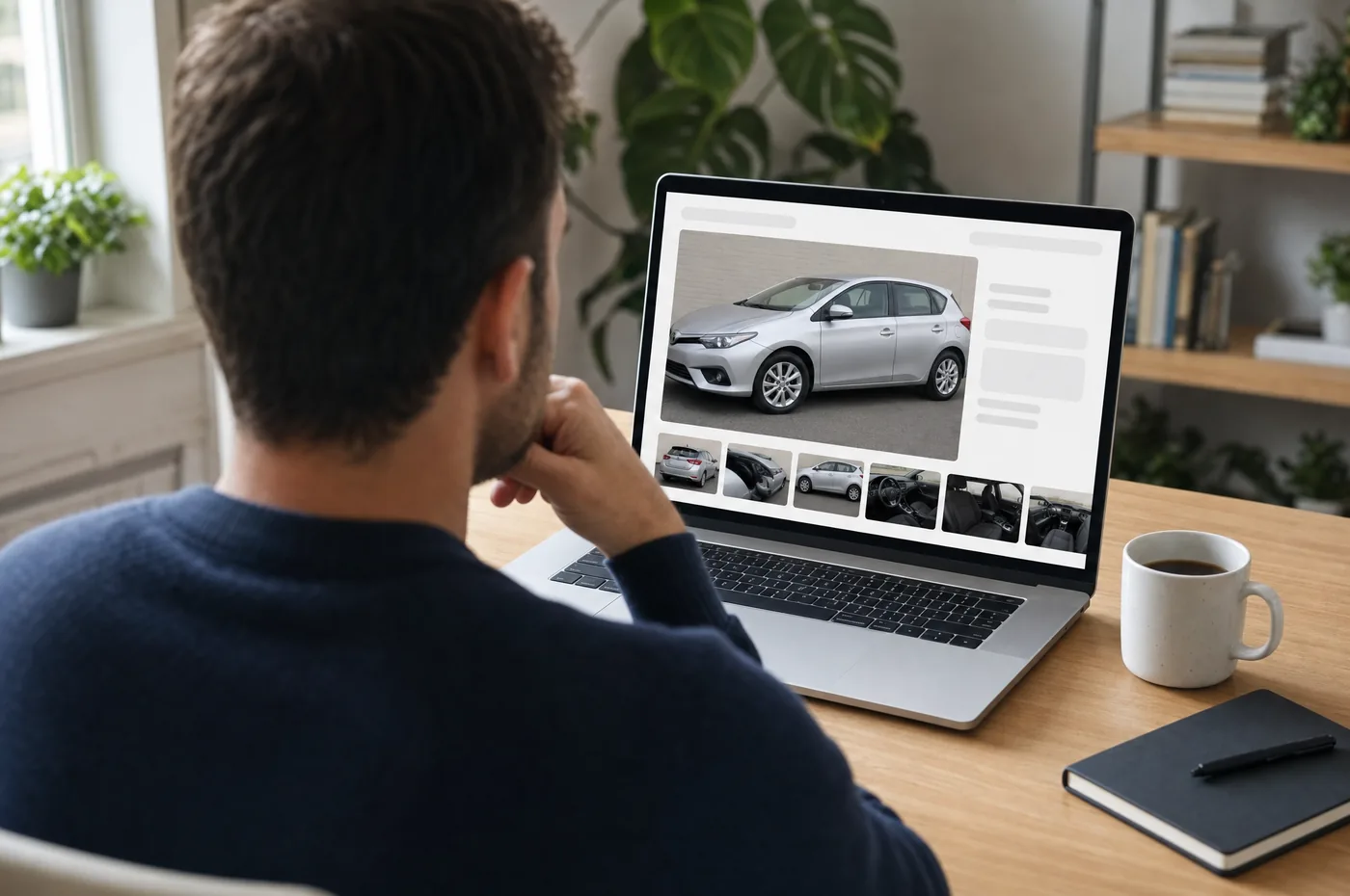 A buyer reviewing a used car listing on a laptop at home