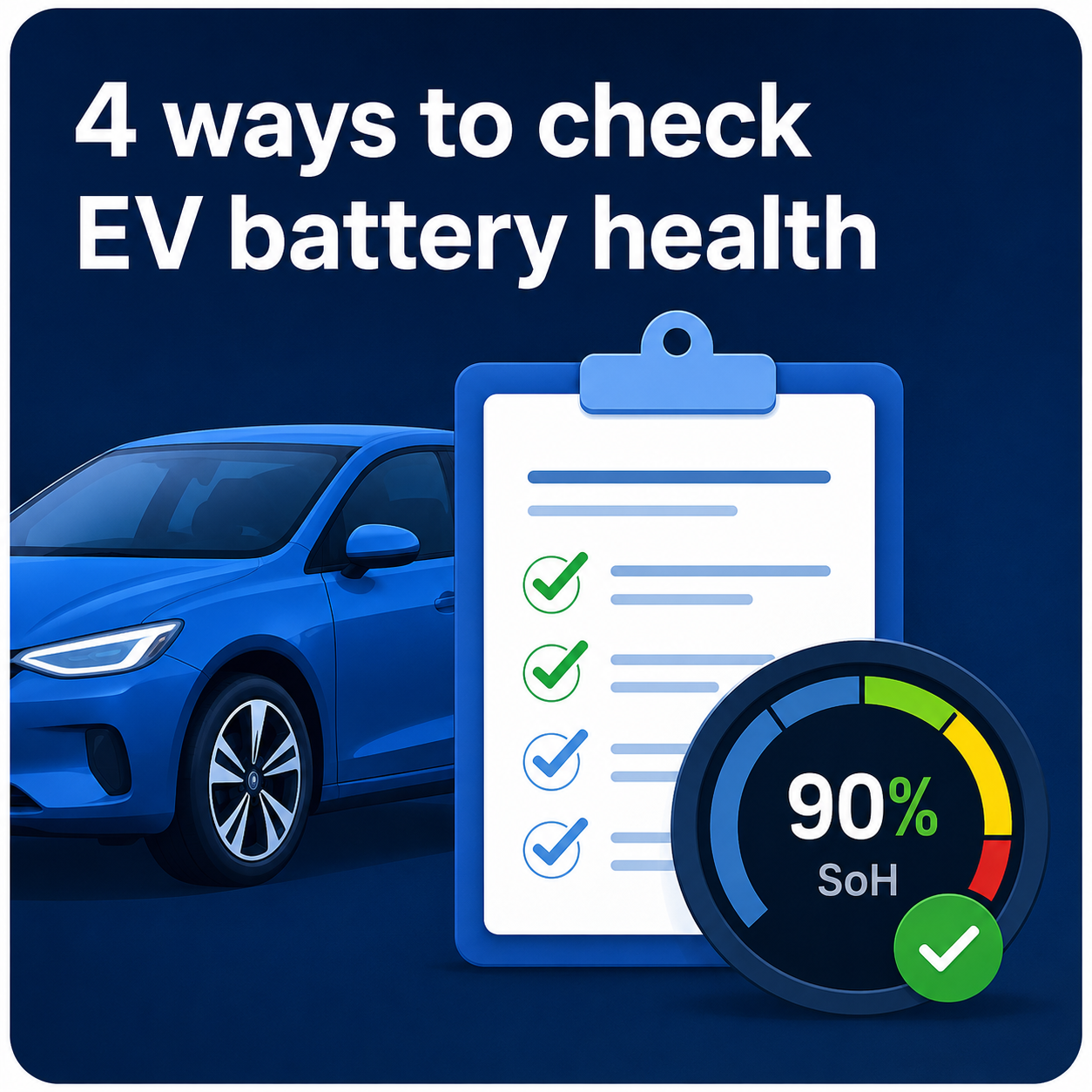 Four ways to check EV battery health, illustrated with a vehicle, checklist and 90 percent state-of-health gauge