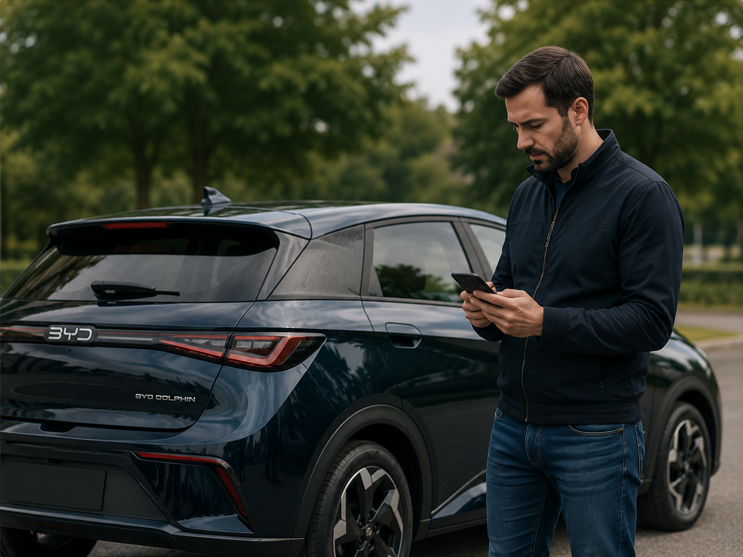 EV owner checking battery information beside his car